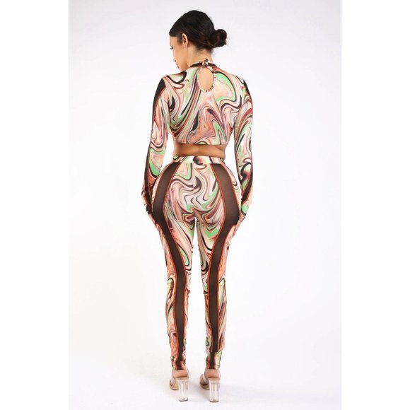 Women's Hollowed Out Fabric Contrast Set Mock Neck Long Sleeve Sexy Cute Outfit - Picture 4 of 10